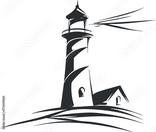 A minimalist illustration of a lighthouse symbolizing guidance and safety by the sea..