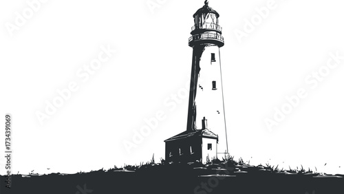 An artistic black and white illustration of a lighthouse standing on a coastal landscape..