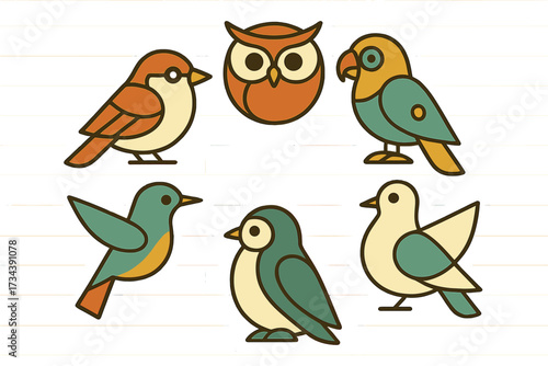 Collection of colorful stylized birds including an owl, sparrow, parrot, and various other avian creatures in a charming graphic style
