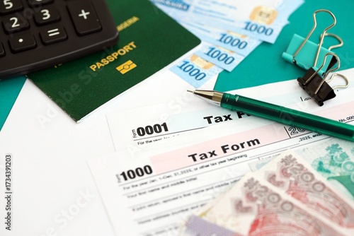 Nigerian naira money bills and calculator with tax form on flag. Taxation and accounting concept