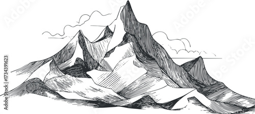 A detailed black and white illustration of rugged mountain peaks in a serene landscape..