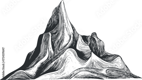 Stylized black and white illustration of a rugged mountain peak with flowing lines..