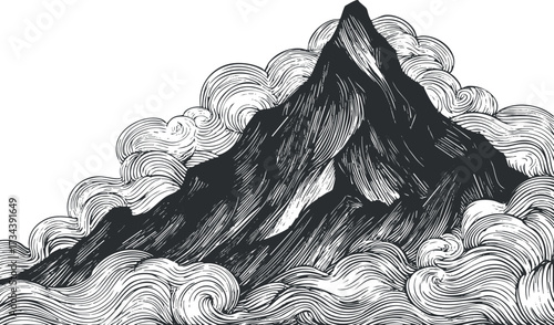 Stylized illustration of a mountain peak surrounded by swirling clouds in black and white..