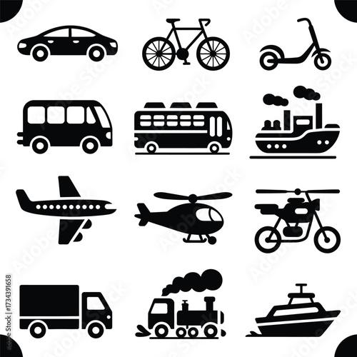 Transportation icons vector set including car bike bus train plane ship and other vehicle types design 100