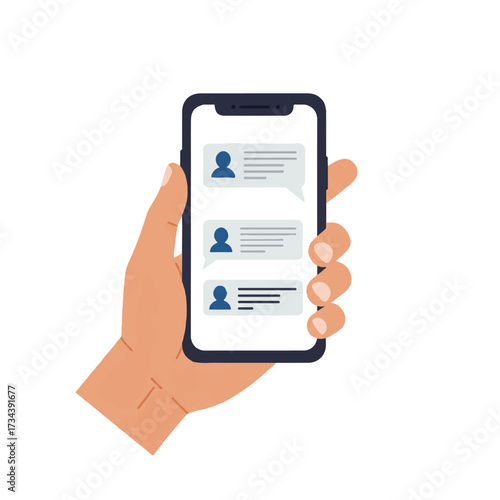 A clean 2D flat vector illustration shows a hand holding a smartphone with a chat application, isolated on a plain white background, symbolizing mobile communication and digital interaction.