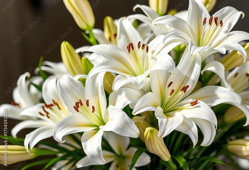 Fototapeta premium Elegant white lilies arranged in a bouquet, lush and pristine, closeup, clean