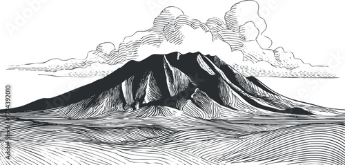 A detailed illustration of a volcano surrounded by rolling landscapes and clouds..