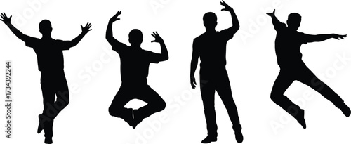 Silhouettes of jumping and dancing man in different poses, vector illustration of male figure in motion, black human silhouettes