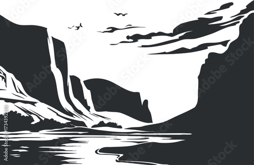 A tranquil landscape featuring mountains and a river under a serene sky with birds..