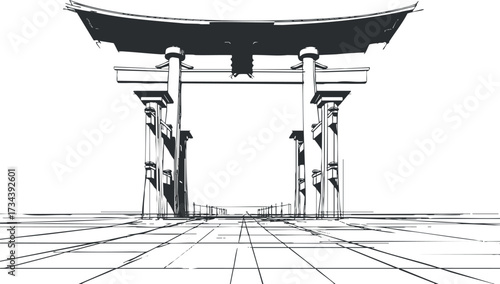 Minimalist illustration of a torii gate in Japan emphasizing traditional architectural design..