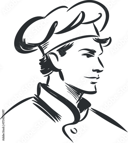 Illustration of a male chef with a traditional hat and confident expression in a kitchen setting..