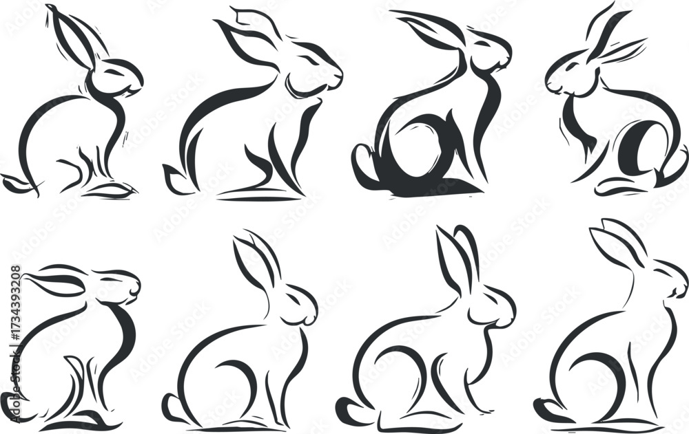 Fototapeta premium A collection of artistic rabbit illustrations showcasing various poses and styles in black and white..