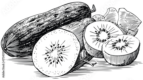 Vibrant Cucumber and Kiwi Fruit Vector Illustration for Kitchen Decor and Food Blogs