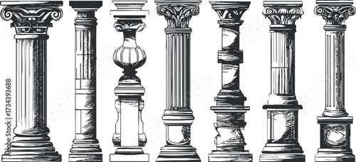 A collection of various architectural columns showcasing different styles and designs in black and white..