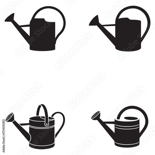Collection of watering can silhouettes for garden and home decor isolated on white background