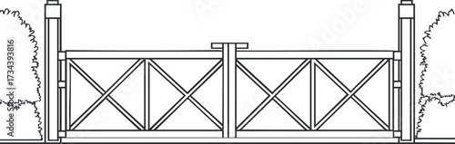 Illustration of a wooden gate design featured in a garden setting with shrubs..