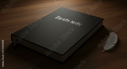 Dramatic composition featuring a Death Note book and feather on a wooden surface