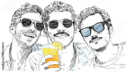 Stylish Illustration of Three Men Wearing Sunglasses and Holding Drinks