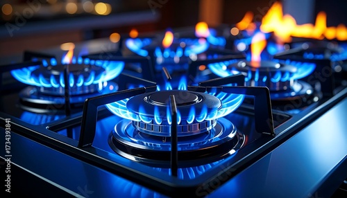 Closeup of blue gas flames burning on a black modern kitchen stove.