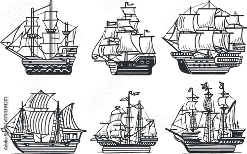 A collection of vintage ship illustrations showcasing various sailing vessels in a nautical theme..