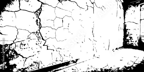 Cracked wall texture in high contrast black and white, perfect for grunge backgrounds, decay effects, or aged urban design references.
