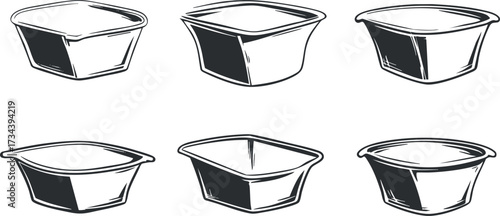 A collection of six simple square food containers in black and white outline style..