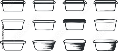 A collection of hand-drawn containers in various shapes and sizes for kitchen use..