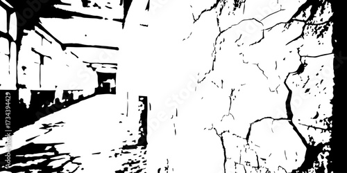 Illustrate abstract broken ground, with bold black cracks creating sharp geometric patterns across a white surface."