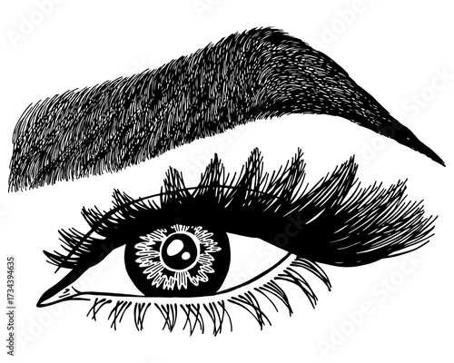Illustration with woman's eye, eyelashes and eyebrow. Makeup Look. Tattoo design. Logo for brow bar or lash salon.