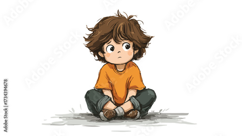 Sad Little Boy Sitting with Expression of Sorrow