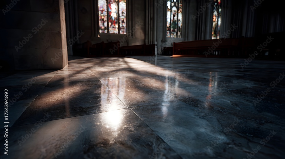 Fototapeta premium Sunlight streams through stained glass casting colorful shadows on the polished marble floor of a serene cathedral interior