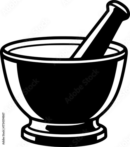 Black silhouette of a mortar and pestle on a white background for grinding spices or herbs isolated on white background
