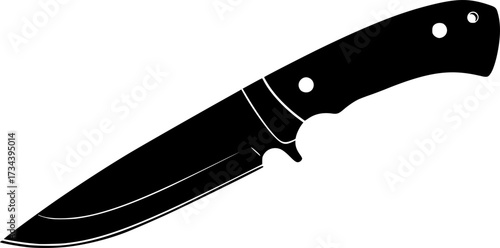 A sharp black silhouette of a hunting knife with a full tang and two rivets on the handle isolated on white background
