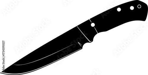 A sharp black silhouette of a hunting knife with a full tang and two rivets on the handle isolated on white background
