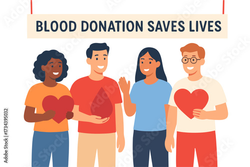 Diverse group of people holding hearts and a blood drop, standing under a banner that reads "Blood Donation Saves Lives.".