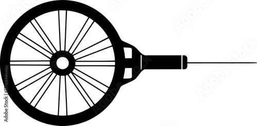 Simple line art illustration of a wheel with spokes and a handle isolated on white background silhouette
