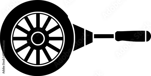 Simple line art illustration of a wheel with spokes and a handle isolated on white background silhouette
