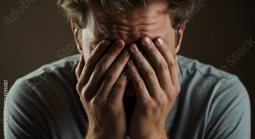 Man covering face with hands portrait expressing distress and despair conceptual image