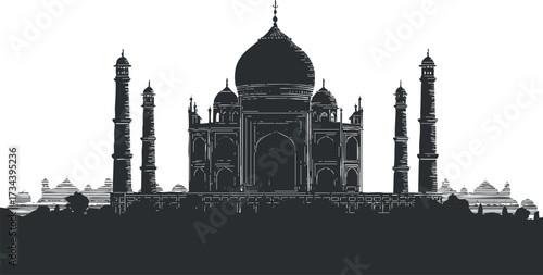 Silhouette of the Taj Mahal, a famous historical monument in India known for its beauty..