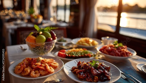 Evening Cruise Ship Dining with Prawns, Shrimp, Salads, Fruits and Bread, Luxury Yacht Table Service Overlooking River Sunset Ambiance