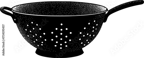 Black silhouette of a kitchen colander with a long handle isolated on white background
