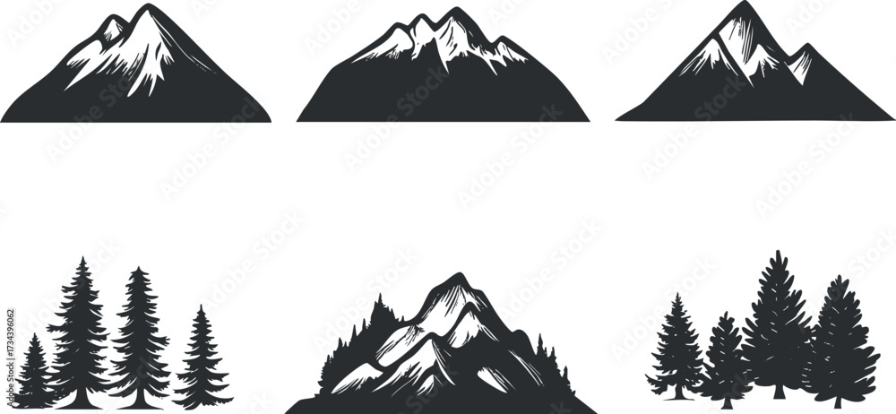 Fototapeta premium Silhouettes of mountains and trees ideal for outdoor and nature-themed designs..