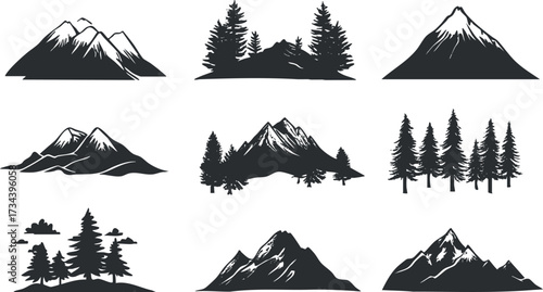 A collection of mountain and tree silhouettes representing various outdoor landscapes and nature themes..