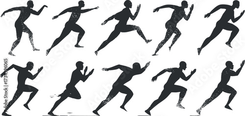 A series of dynamic silhouettes illustrating various running poses showcasing speed and athleticism..