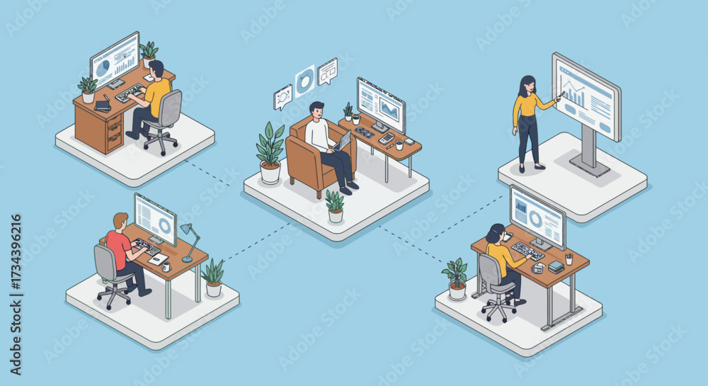 Obraz premium Isometric illustration of a modern hybrid work model, showcasing a business team collaborating seamlessly from both office and remote locations through a connected network
