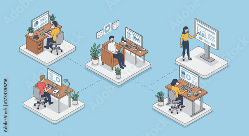 Isometric illustration of a modern hybrid work model, showcasing a business team collaborating seamlessly from both office and remote locations through a connected network