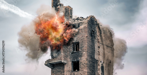 Fotografie rocket hit an apartment building in Kiev Ukraine and an explosion destroyed the
