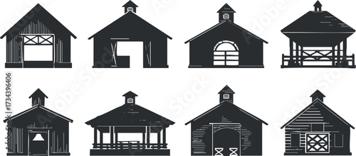 A collection of vintage barn and shelter illustrations showcasing various architectural styles and designs..