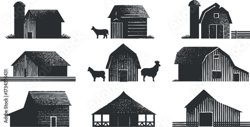 A collection of black and white silhouettes of various farm buildings and animals..