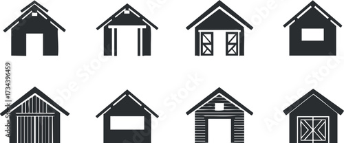 A collection of nine black and white house icons showcasing various architectural styles..